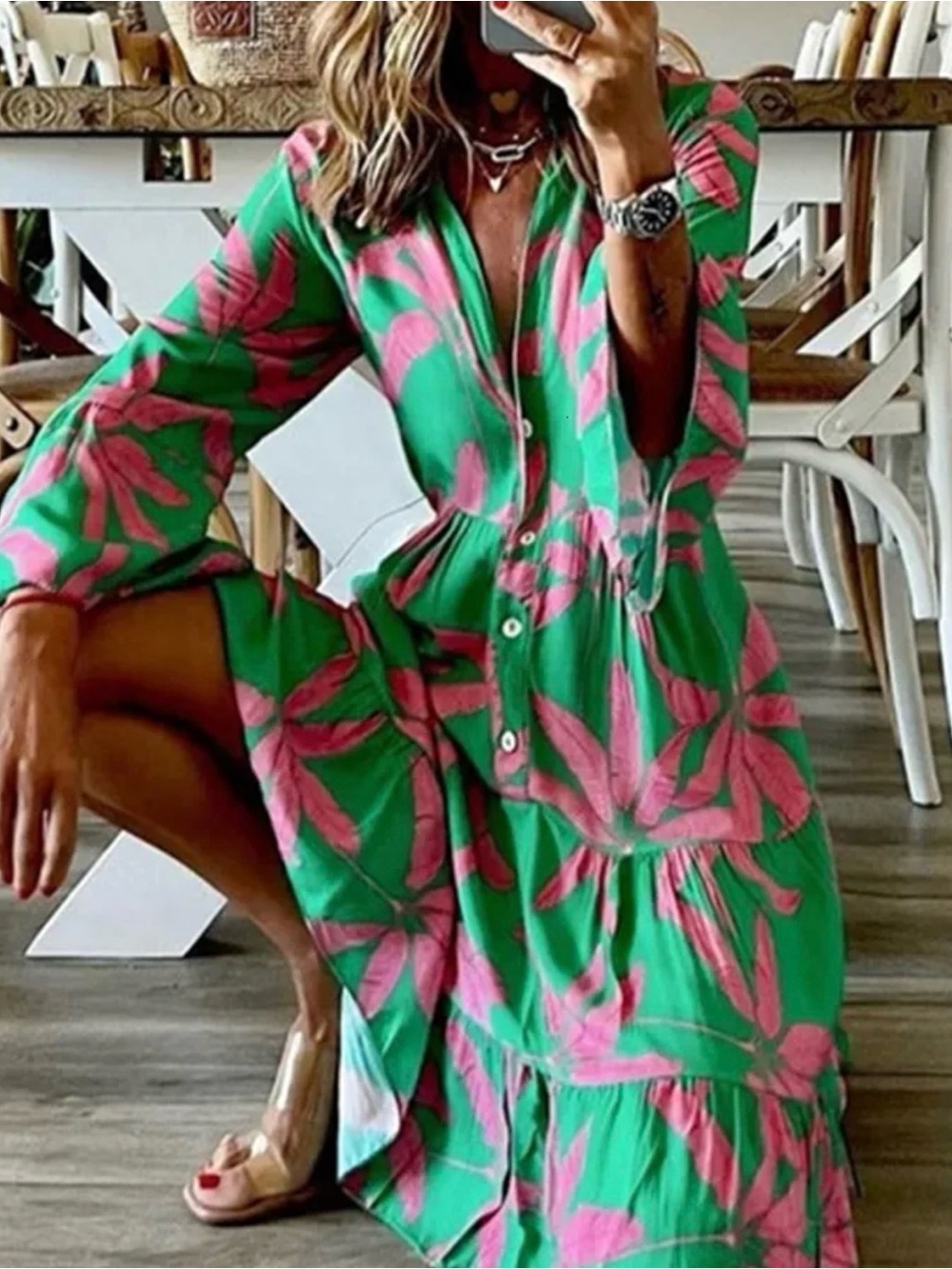 Green Maxi Shirt Dress with Pink Tropical Floral Print